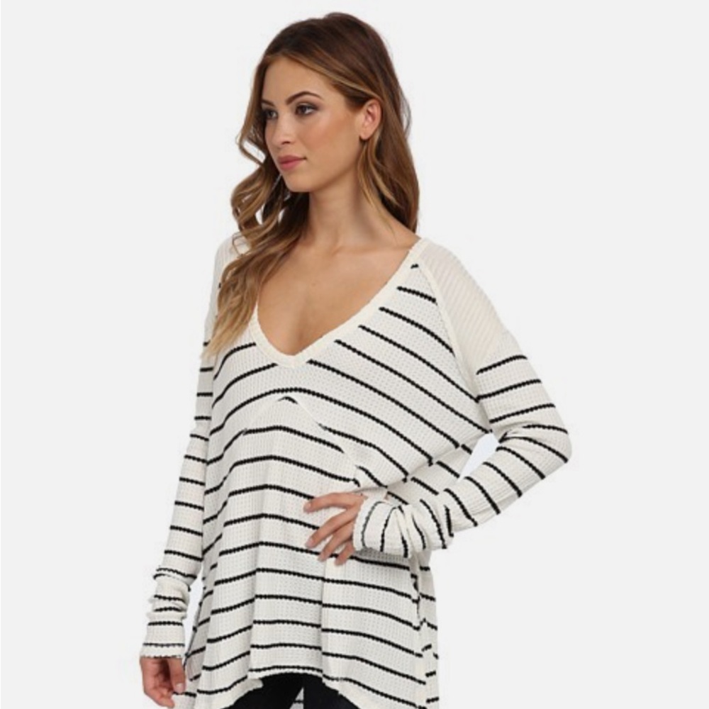 Free People Black and White Striped Distressed V-Neck Sunset Park Tunic Shirt